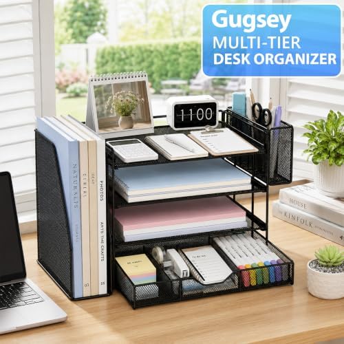 4-Tier Desk File Organizer with Drawer & Pen Holder (Black) - Image 5