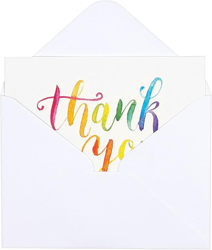 Sustainable Greetings 120 Pack Thank You Cards with Envelopes - 5 x 4-Inch Multicolor Watercolor Rainbow Font - Blank Inside - Bulk Thank You Notes Set for Weddings & Baby Showers