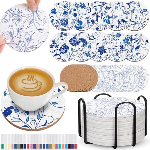 Reallnaive 45 Pcs Blue Flower Wooden Coasters Painting Kit, 4 Inch Paint Your Own Boho Coasters with Markers, Arts and Crafts for Adults Women Seniors Elderly Crafters Gifts by Reallnaive