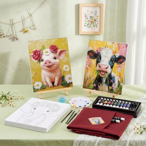 Cholemy 6 Set Paint and Sip Kit for Adults 8"x 10" Pre Drawn Canvas Painting with Wooden Easel Acrylic Paint Wash Cup Brushes Palette Apron for Painting DIY Adult's Date Party Supplies(Flower Animal) - Image 6