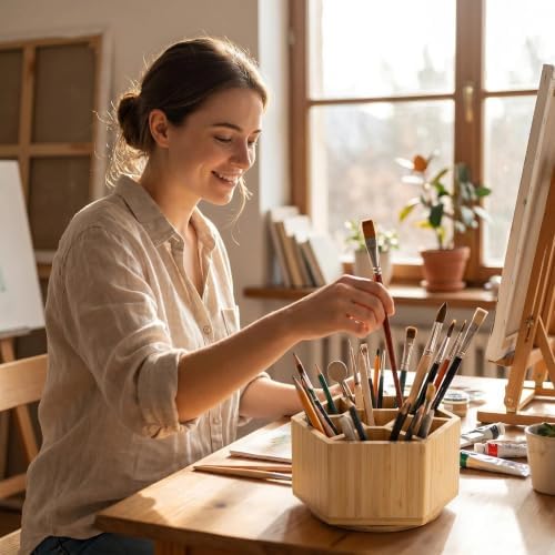 360° Rotating Bamboo Desk Organizer, Hexagonal - Image 2
