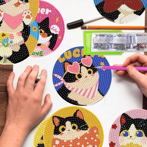 TCDZMYGS 8 Pcs Diamond Art Coasters Kit, Cute Cat Diamond Painting Coasters Kits for Adults, 5D Full Drill Diamond Dot Gem Art Craft Kit with Holder, Fun DIY Non Slip Coaster for Home Decor - Image 4