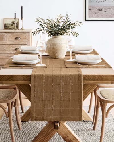 ZeeMart Linen Checked Farmhouse Table Runner, 13x72 Inches Roasted Brown - Image 2