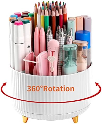 Desk Pencil Pen Holder, 5 Slots 360°Degree Rotating Pen Organizers for Desk, Desktop Storage Stationery Supplies Organizer, Cute Pencil Cup Pot for Office, School, Home, Art Supply, White by EDENMS