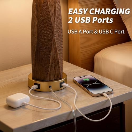 BOBOMOMO 27.5" Table Lamps Set of 2 with USB-A & USB-C Charging Ports, Wood Texture Resin Bedside Lamps with Linen Shade & Rotary Switch, Tall Nightstand Lamps for Bedroom, Living Room Office - Image 2