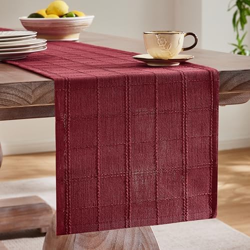 ZeeMart Linen Checked Farmhouse Table Runner, 13x90 Inches Burgundy - Image 4