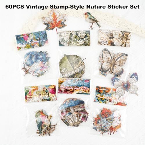 Retro Natural Collage Cardstock Sticker Pack – 60pcs Butterflies Birds Leaves Mushrooms DIY for Scrapbook Junk Journal Cardmaking Tags Collage & Item Decoration - Image 2