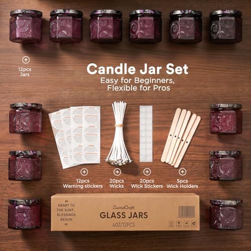 LumaCraft 12 Pack 4oz Glass Candle Jars with Lids, Hexagon Embossed Candle Making Containers, Empty Candle Jars with 20 Wicks & Labels for DIY Candle Making, Party Favors, Home Decor - Image 2