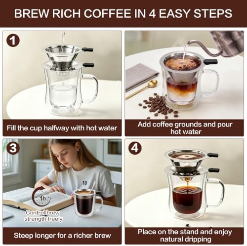 Pour Over Coffee Maker with Cup, 2-in-1 Immersion & Drip Coffee Dripper, Stainless Steel Reusable Filter, Fits 3.3–4 Inch Cups, No Paper Filters Needed, Portable Coffee Brewer for Home Office Travel - Image 3