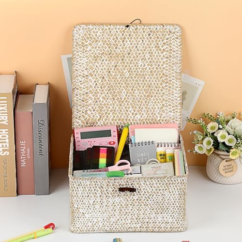 Hipiwe Wicker Shelf Basket Bin Square Handwoven Seagrass Storage Basket with Lid Home Organize Box for Bookshelf Living Room Bath Room Multipurpose Basket Container, Whitewash Large - Image 6
