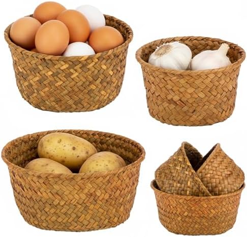 6 Set Small Seagrass Storage Baskets, Natural Woven for Farmhouse Kitchen by PARBEE