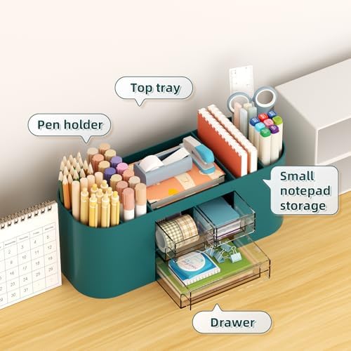 Marbrasse Pen Holder for Desk with 3 Drawers, Multi-Functional Pencil Holder, Desk Organizers and Accessories with 7 Compartments for Home, School, Classroom (Dark Green) - Image 2
