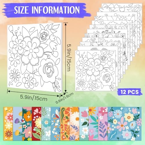 Teling 12 Pcs Pre Drawn Stretched Canvas Kit for Adults Painting Pre Printed Canvas Outline for DIY Painting Party Favor,6 x 6 x 0.6 Inches(Flower) - Image 2