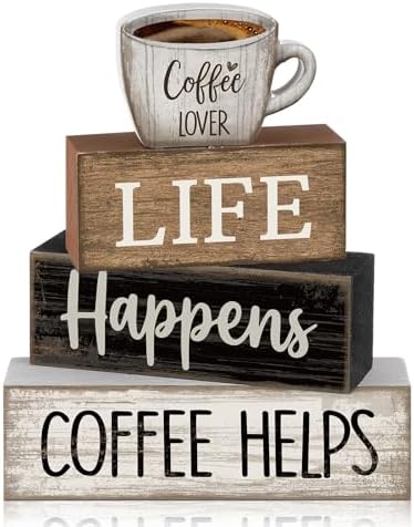 Moucuny 4 Pcs Wooden Coffee Bar Signs Farmhouse Table Decor Blocks by Moucuny