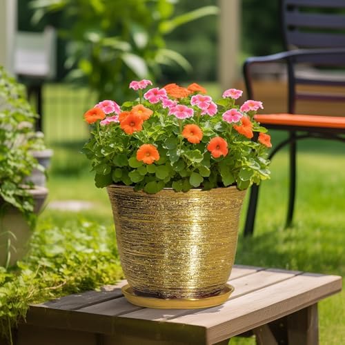 Ceramic Pots for Plants - 12 Inch Planter for Indoor Outdoor, Round Plant Pot with Drainage Hole and Saucer, Decorative Large Planter, Modern Flower Pots, House Decor, Garden Gifts, Gold - Image 4