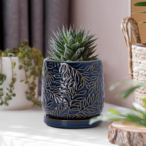 D'vine Dev Embossed Leaves Ceramic Planter, 4 in, Midnight Blue, 27-A-Z-3 - Image 5