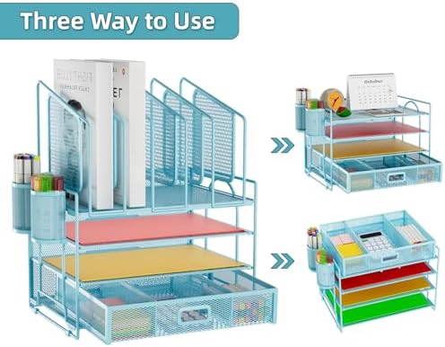 Marbrasse Desk Organizers, 4-Tier Mesh Desk File Organizer with 5 Vertical File Holders and 2 Pen Holders, Multifunction Desktop Organizer,Desk Organizers and Accessories for Home Office (Blue) - Image 4