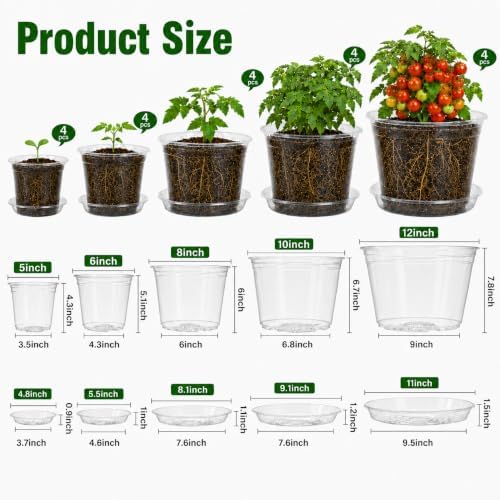 MIXC 12/10/8/6/5 Inch 20 Pack Clear Nursery Pots with Drainage & Sacuer - Image 2