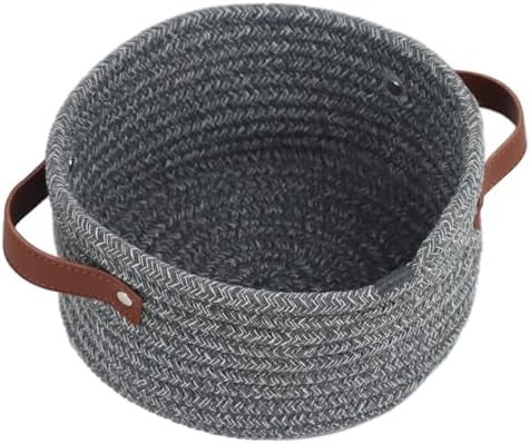 Small Woven Cotton Rope Basket with Leather Handle, Grey by Togous