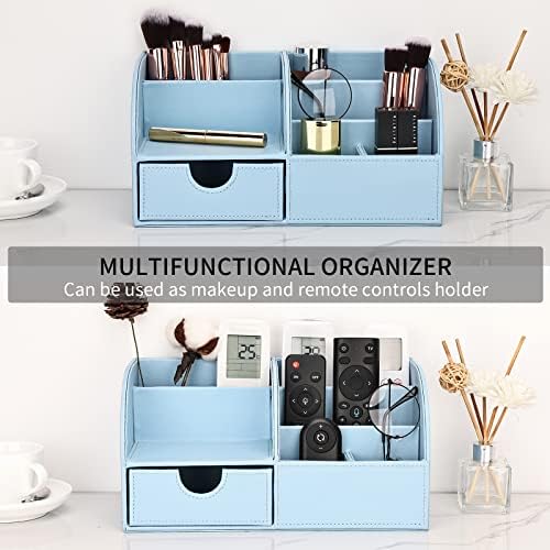 KINGFOM Pu Leather Desk Organizer Pen Pencil Holder Office Supplies Caddy Storage Box 6 Compartments with Drawer Blue - Image 5