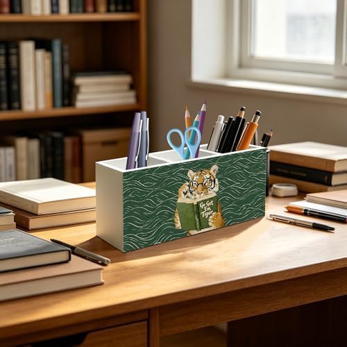 Funny Motivational Tiger Reading Pen Pencil Holder Organizer for Desk Accessories, Book Lover Reader Gifts, Eclectic Green Japandi Animal Bookish Wood Signs for Reading Nook Room Library Decor - Image 4