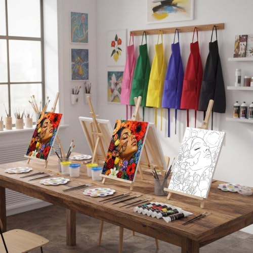 Cholemy 8 Set Paint and Sip Kit for Adults 8'' x 10'' Pre Drawn Canvas with Wooden Easels Acrylic Paint Brushes Wash Cup Palette Apron for Painting DIY Date Night Party Supplies (Butterfly Lady) - Image 6