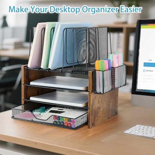 OPNICE Desk Organizer, 4-Tier Desktop File Organizer with Drawer and Pen Holders, Office Desk Accessories, File Sorters, Workspace Organizers for Office Supplies(Brown) - Image 3