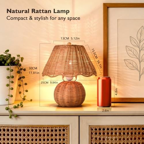 Rattan Small Bedside Mini Table Lamp for Bedroom, Boho Bedroom Lamps for Nightstand, Wicker Mini Table Lamps for Small Spaces with Scalloped Shade for Kitchen Counter, Bookshelf, Kids Dorm, Office - Image 2