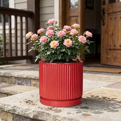 10 Inch Ceramic Planter, Round Flower Pots with Saucer, Red - Image 7