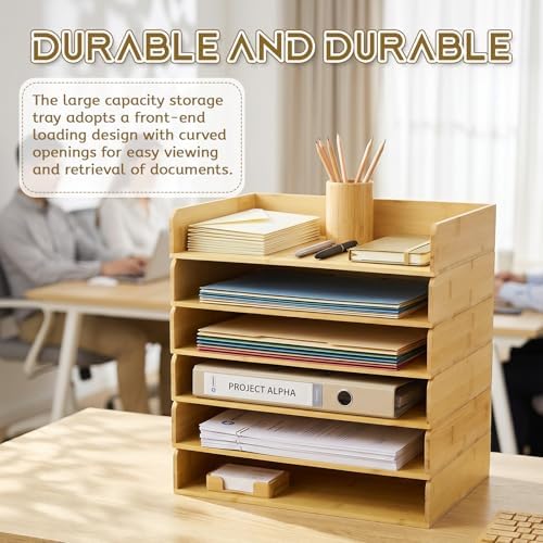 Novabright 6 Pcs Stackable Paper Organizer Tray Acacia Wood Desk Organizer Letter Tray Desktop Letter Size Office Wooden Desk Shelf Paper Holder Folder Organization Rack for File Document(Bamboo) - Image 4