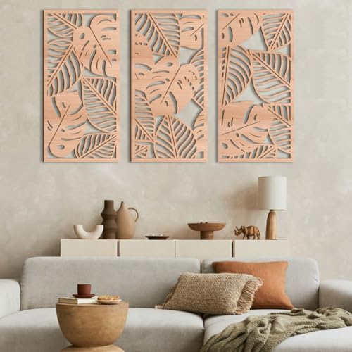 IARTTOP Large Wood Tropical Wall Art 15.9X32 Inch Carved Palm Leaves Wall Decor Coastal Leaf Monstera Plant Wall Sculptures for Living Room Bedroom Set of 3 - Image 3