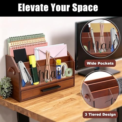 Wood Desk Organizer with Drawer, Bill Mail Organizer Countertop Workspace Organizers for Office Supplies Desk Organization Letter Holder - Image 2
