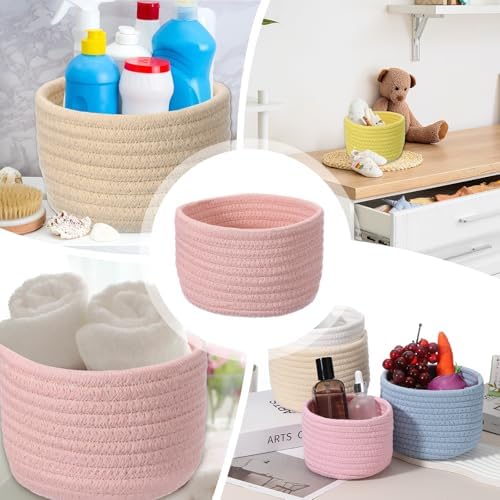 uxcell Pink Small Cotton Rope Woven Storage Basket, Shelf Closet Storage Gift Woven Baskets Cute Nursery Box Bin Decor Organization Bin for Home Supply, Round, 6.3x4.4 - Image 6
