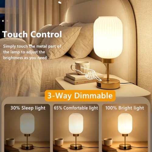 LAMSU Vintage Gold Table Lamp with Cream Glass Shade, Small Beside Lamp with Bulb, USB Ports, 3 Way Dimmable Nightstand Lamp, Mid Century Modern Desk Lamp for Bedroom Living Room, Home Decor - Image 2