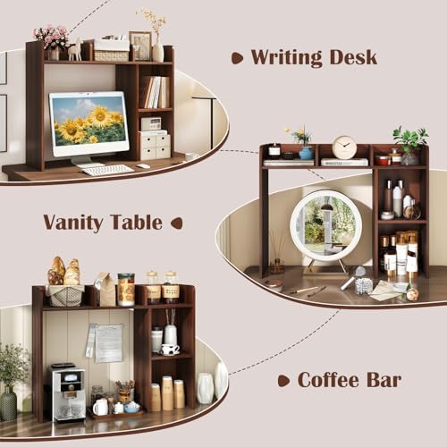 GIANTEX Desktop Bookshelf, Wood Desk Hutch Organizer for 27 Inch Computer Monitor, Countertop Storage Display Rack with 5 Shelves, Multipurpose Desktop Shelf Bookcase for Dorm Office Home, Walnut - Image 5