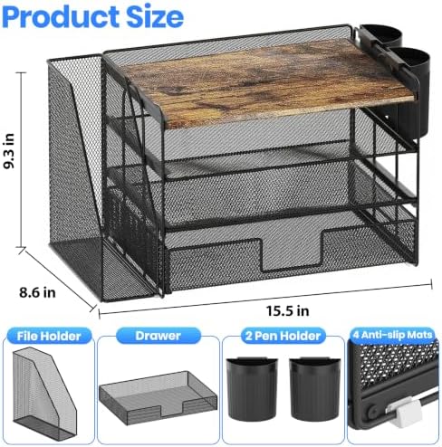 OPNICE Desk Organizer, 4-Tier Desktop File Organizer with Drawer and Pen Holders, Office Desk Accessories, File Sorters, Workspace Organizers for Office Supplies(Wood) - Image 3