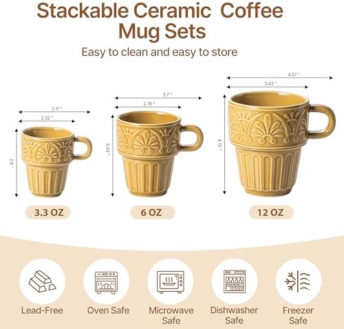 LYEOBOH Small Coffee Mug Set of 6, Stackable Mugs 3.3 OZ Ceramic Espresso Cups, Microwave & Dishwasher Safe Coffee Mugs Cups for Coffee Tea Cocoa, Modern Design for Home Kitchen, Housewarming, Khaki - Image 2