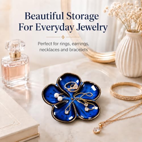 Ceramic Flower Jewelry Ring Trinket Dish Tray for Women, Sapphire Blue - Image 4