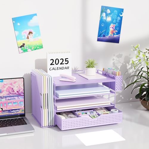 Wood Desk Organizers and Accessories with File Holder, 4-Tier Desk Accessories & Workspace Organizers with Drawer and Pen Holder, Desk Reference Organizer (Purple, 4T with Drawer) - Image 7