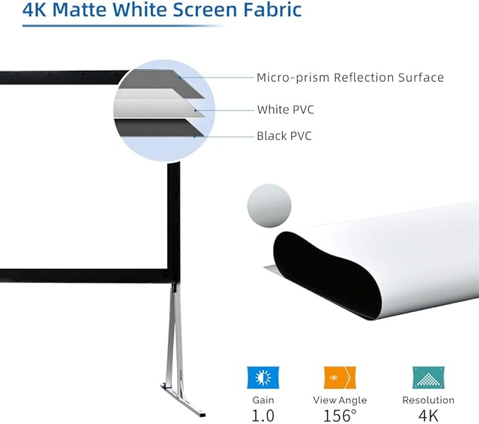 Projector Screen with Stand 144inch, SCREENPRO Portable Fast-Folding Movie Screen with (Max 20.7") Adjustable Leg and Carry Bag, 16:9 HD 4K Indoor/Outdoor Projector Screen for Home Theater