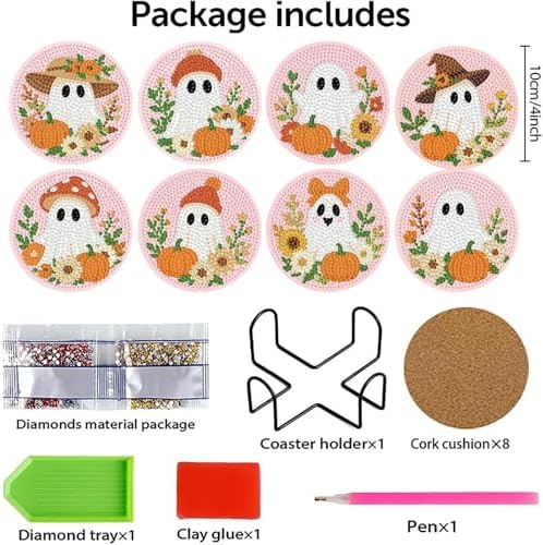 8 Pcs Halloween Diamond Art Coasters Kits with Holder 4X4 Inch - Image 4