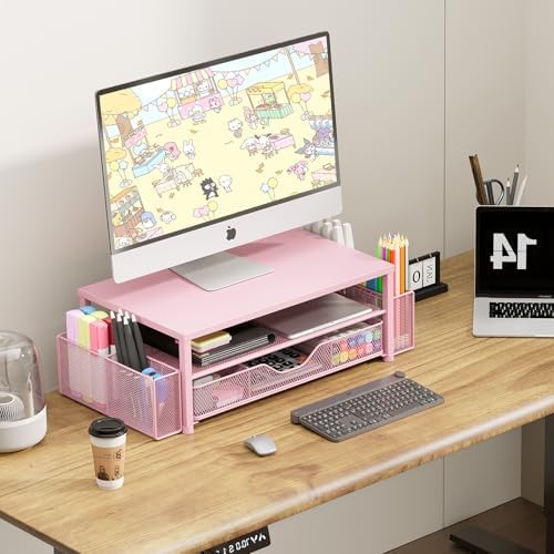 OPNICE Desk Organizer and Accessories, 2-Tier Computer Monitor Stand Riser with Drawer and 2 Pen Holders, Laptop Stand, Office Desk Accessories for Office Supplies, Pink - Image 5