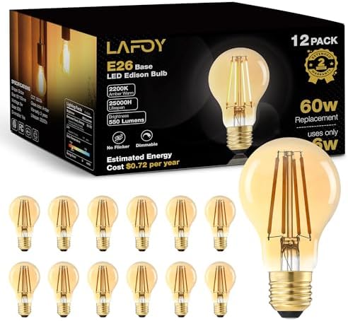Lafoy 12 Pack A19 Amber Edison Bulbs, Dimmable E26 LED 60 Watt Equivalent by Lafoy