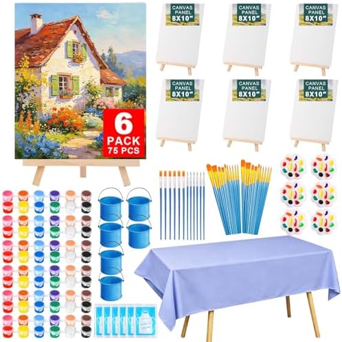 Flasoo 6 Pack 8x10 Canvas Painting Kit, 75 PCS Sip and Paint Kit, Paint and Sip Kit for Adults with Acrylic Paint, 32 Brushes, Palettes, Aprons, Tablecloth, Folding Cups for Paint Night, Gift by Flasoo