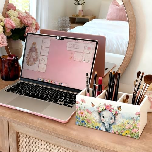 Elephant Pen Pencil Holder for Desk Accessories, Elephant Gifts for Women & Kids, Rustic Butterfly Flower Wild Animal Wooden Box Sign Decorations for Kids Room Home Office Desk Tabletop - Image 5