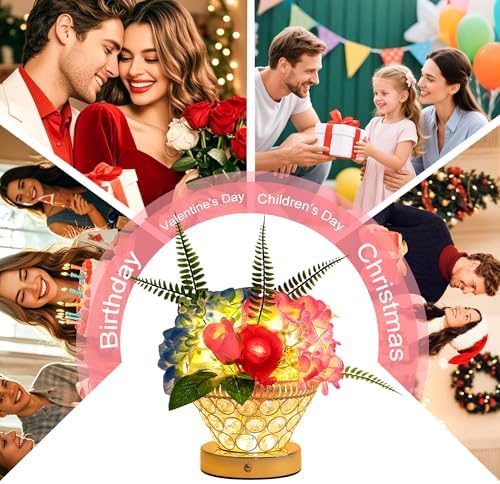 Birthday Gifts for Women, Gift Basket for Mom Blue & Pink Hydrangea Rose Cordless Table Lamp, 3 Color Crystal Lamps Touch Bedside Lamps with USB Charge Small Night Light for Bedroom - Image 5