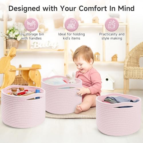 3 Pack Small Rope Storage Baskets, 9.82×9.82×7.1", Pink - Image 3