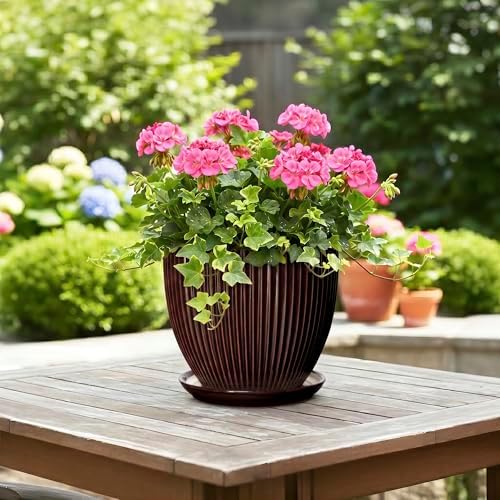8 Inch Flower Pot, Ceramic Planters with Drainage Hole and Plant Saucer, Round Planters for Indoor Plants, Modern Plant Pot, Decorative Planter, Home Entryway Decor, Women Men Gifts, Brown - Image 4