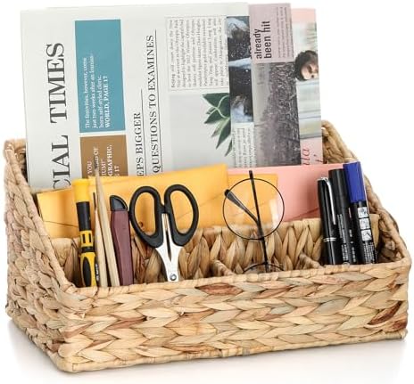 Desk Organizer – Countertop Mail Organizer, Magazine Holder, Boho Decor Water Hyacinth Desk Mail Holder for Home Office, Farmhouse, 12.6" L x 6.7" W x 6.3" H by BOERSHUN