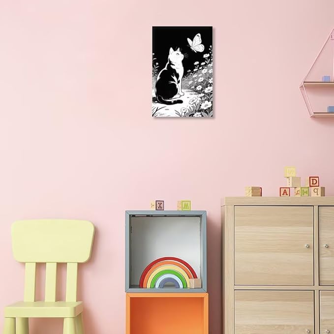 Cats Butterflies in Flowers Canvas Poster Vintage Minimalist Nature Wall Art Trendy Black White Aesthetic Painting Prints Modern Animal Home Decor for Bedroom Living Room 20x30inch Unframed
